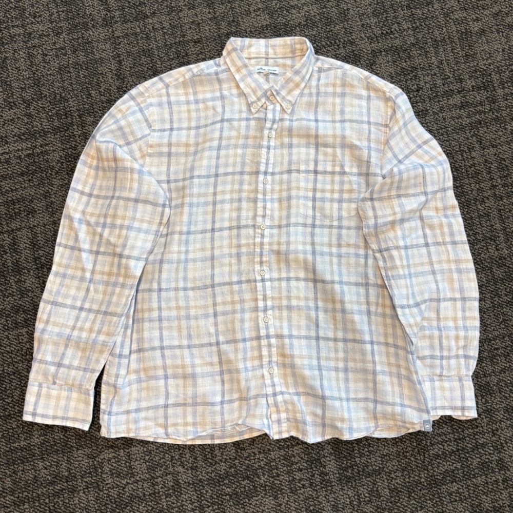 Peter Millar Mens XL 100% Linen Plaid Button Down Shirt Blue Tan Long Sleeve